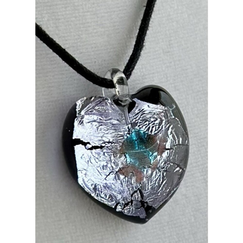 Art Glass Heart Pendant On Cord Dichroic Handcrafted Fused Lampwork 1.5”